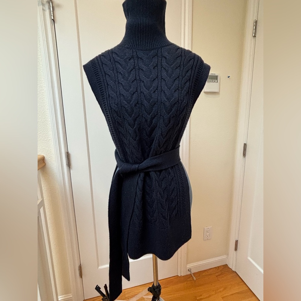 COS Wool Navy Cable Knit Turtleneck Belted Sweater Jumper Sleeveless OS